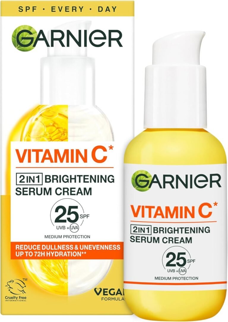 Garnier Vitamin C 2 in 1 Brightening Cream: Hydrating SPF 25 Moisturizer with 20% Vitamin C Serum. Hydrates, Protects and Reveals Bright Glowing Skin. Organic, Cruelty-Free, 50ml. All Skin Types